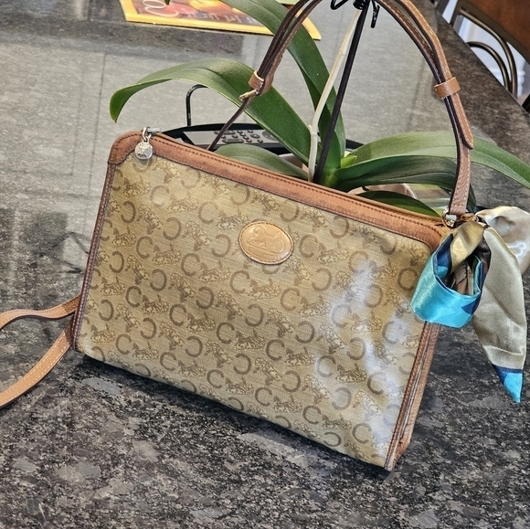 Céline "C" Monogram Horse & Carraige Coated Canvas Clutch w/Strap & Twilly Added - Picture 6 of 16